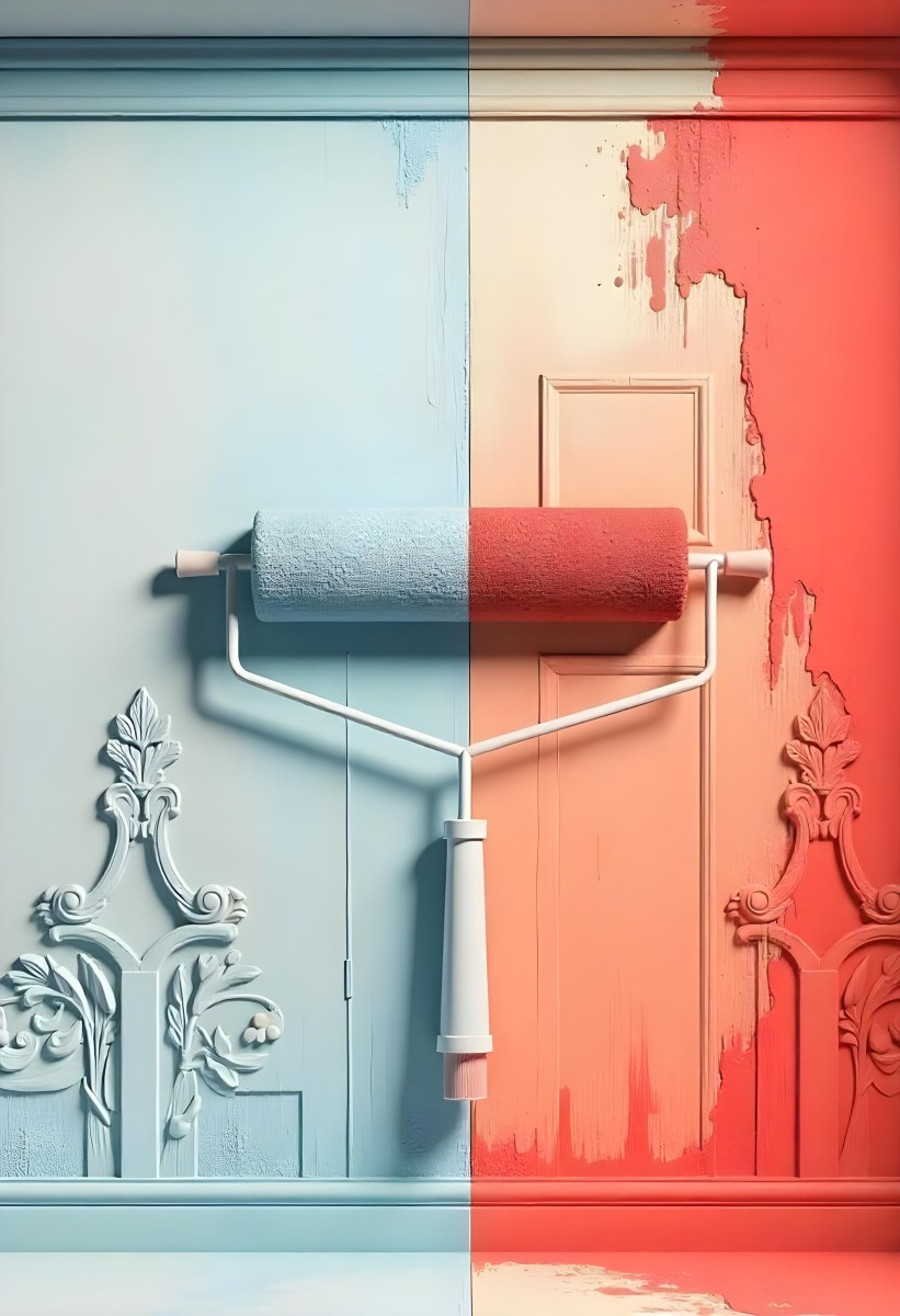 A Paint Roller With Half Blue And Half Red On A Wall With Half Blue And Half Red Paint 21 3f6d