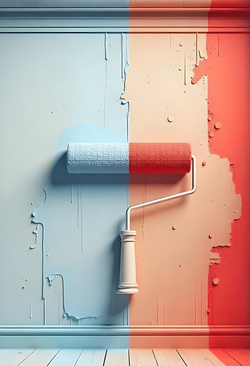 A Paint Roller With Half Blue And Half Red On A Wall With Half Blue And Half Red Paint 22 2129