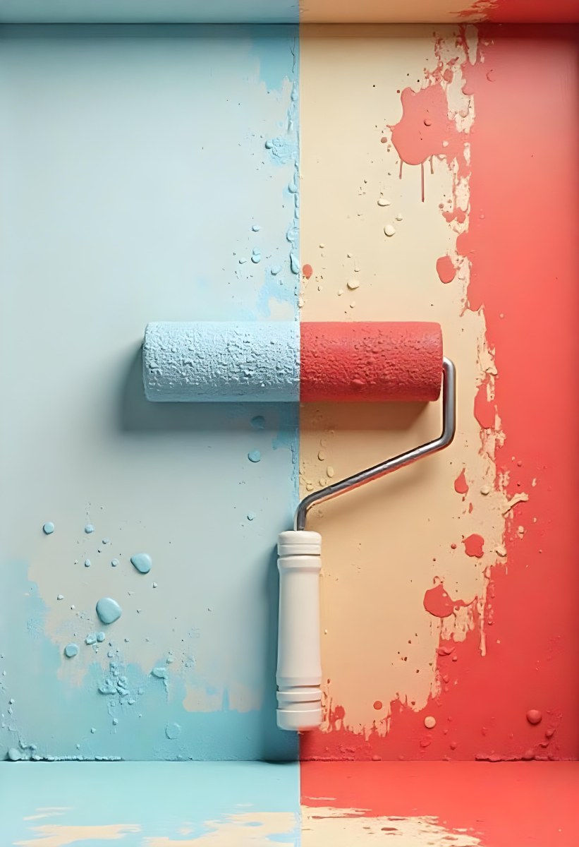 A Paint Roller With Half Blue And Half Red On A Wall With Half Blue And Half Red Paint 23 Fc9d