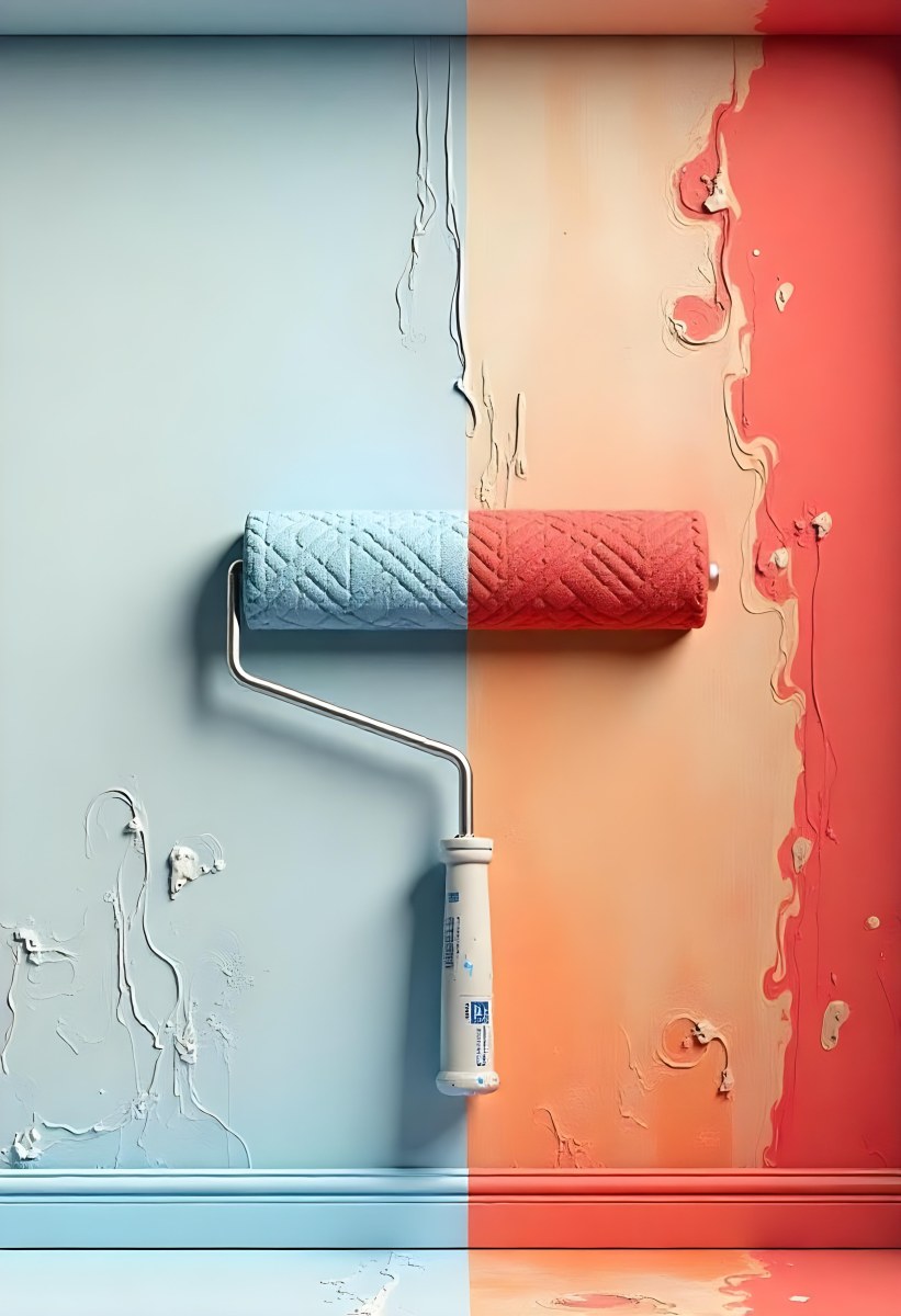 A Paint Roller With Half Blue And Half Red On A Wall With Half Blue And Half Red Paint 24 F4ed