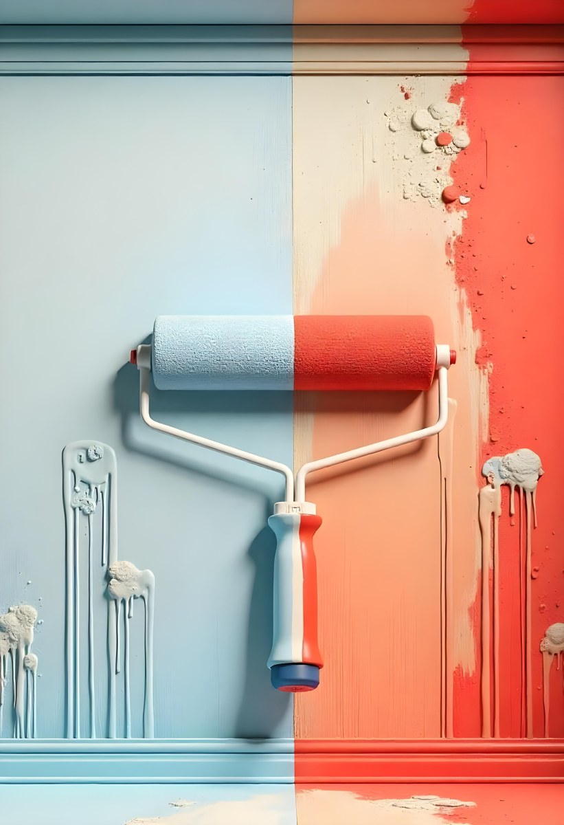 A Paint Roller With Half Blue And Half Red On A Wall With Half Blue And Half Red Paint 25 B6bd