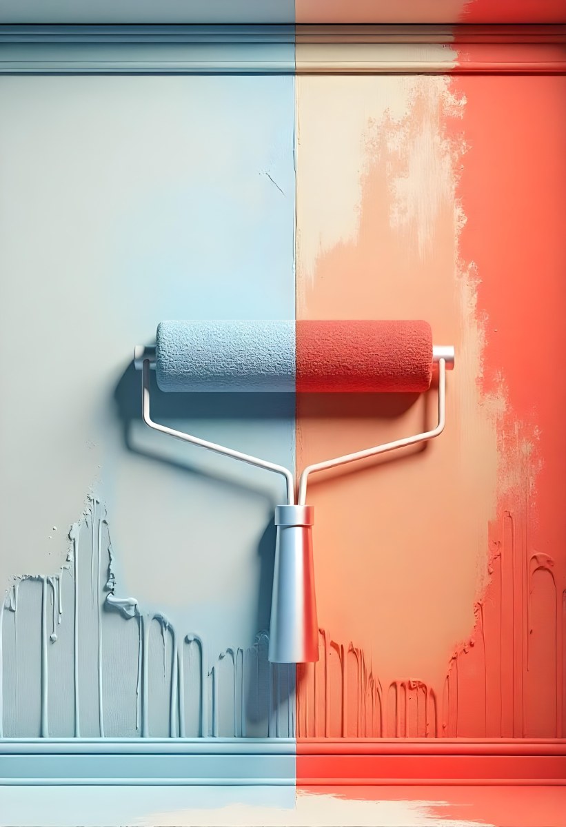 A Paint Roller With Half Blue And Half Red On A Wall With Half Blue And Half Red Paint 3 B046