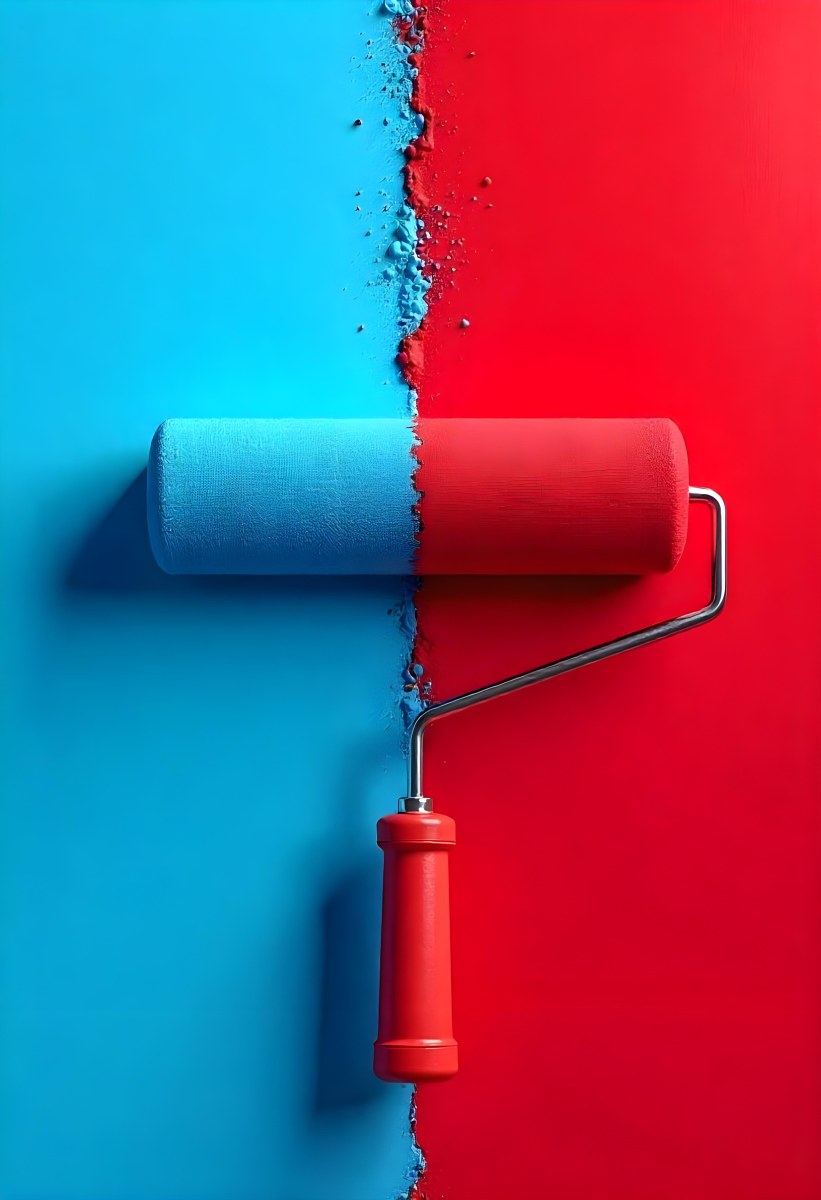 A Paint Roller With Half Blue And Half Red On A Wall With Half Blue And Half Red Paint 4 B2d4