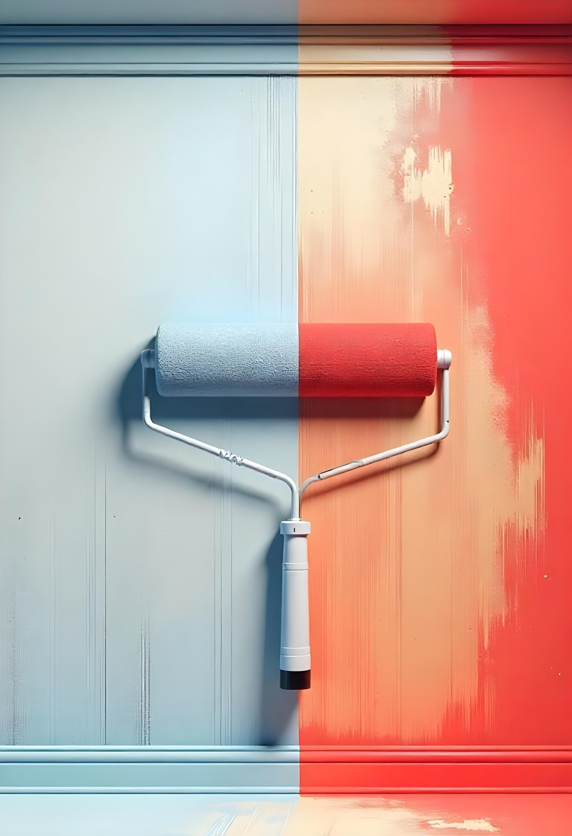 A Paint Roller With Half Blue And Half Red On A Wall With Half Blue And Half Red Paint 5 5049