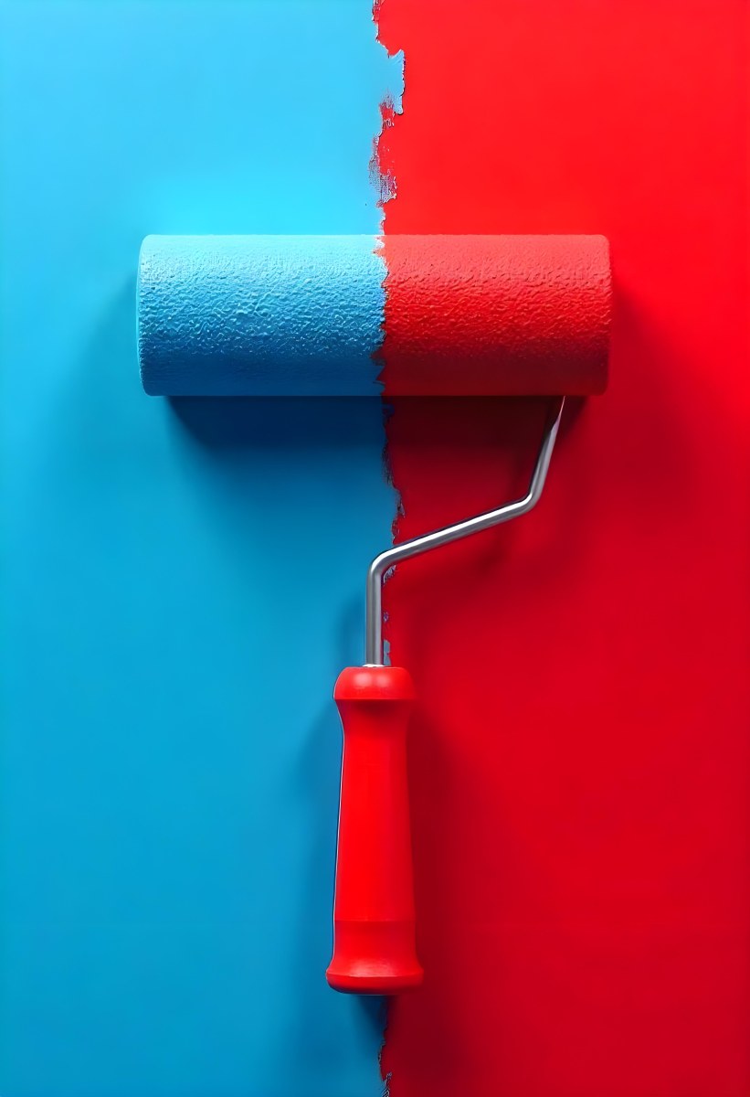 A Paint Roller With Half Blue And Half Red On A Wall With Half Blue And Half Red Paint 6 6b9a