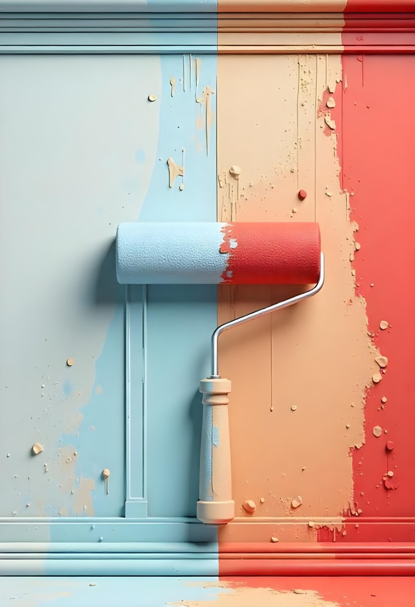 A Paint Roller With Half Blue And Half Red On A Wall With Half Blue And Half Red Paint 7 Ede7