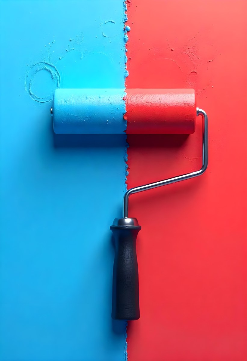 A Paint Roller With Half Blue And Half Red On A Wall With Half Blue And Half Red Paint 8 Cb4b