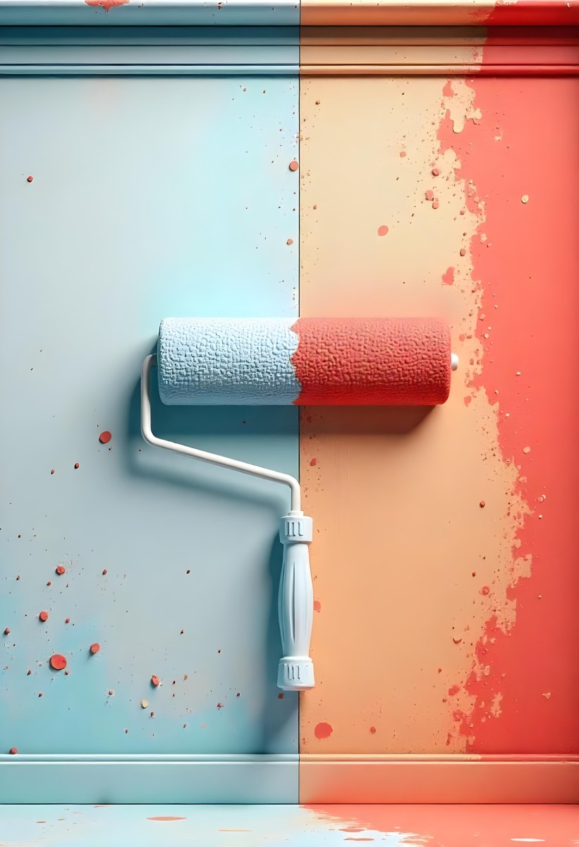 A Paint Roller With Half Blue And Half Red On A Wall With Half Blue And Half Red Paint 9 40f6