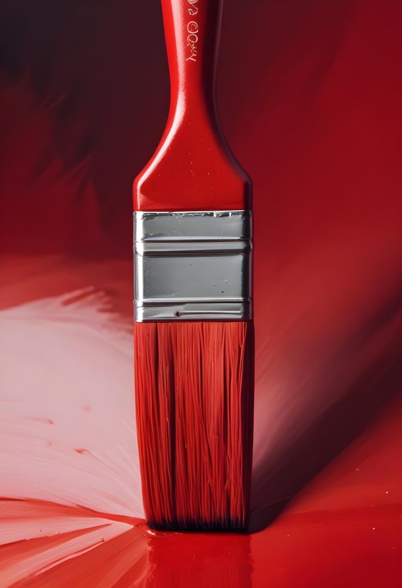 A Paintbrush With Red Handle And Red Tip Painting A Black Line On A Red Background Close Up Shot Studio Shot 36 426d