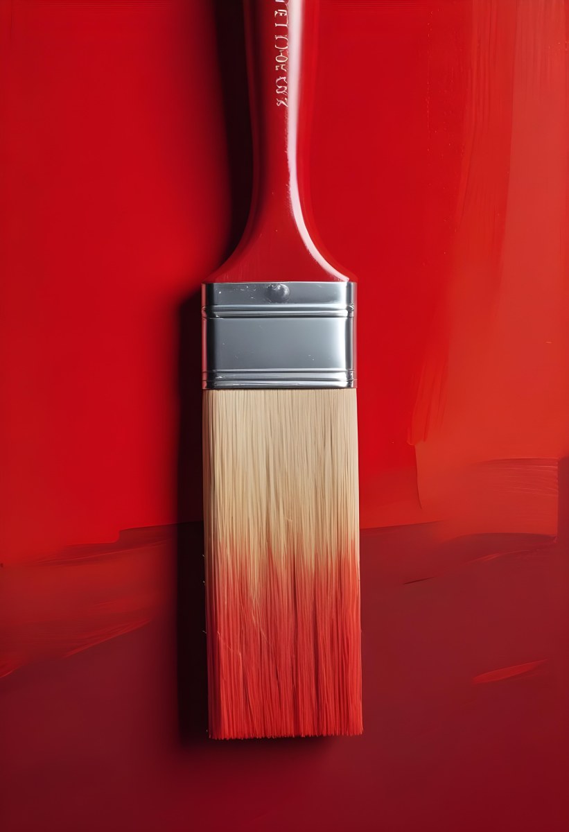 A Paintbrush With Red Handle And Red Tip Painting A Black Line On A Red Background Close Up Shot Studio Shot 6 292a