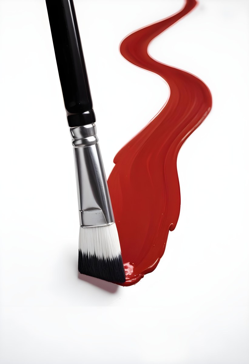 A Paintbrush With Red Handle And Red Tip Painting A Black Line On A Red Background Close Up Shot Studio Shot 7 60c3