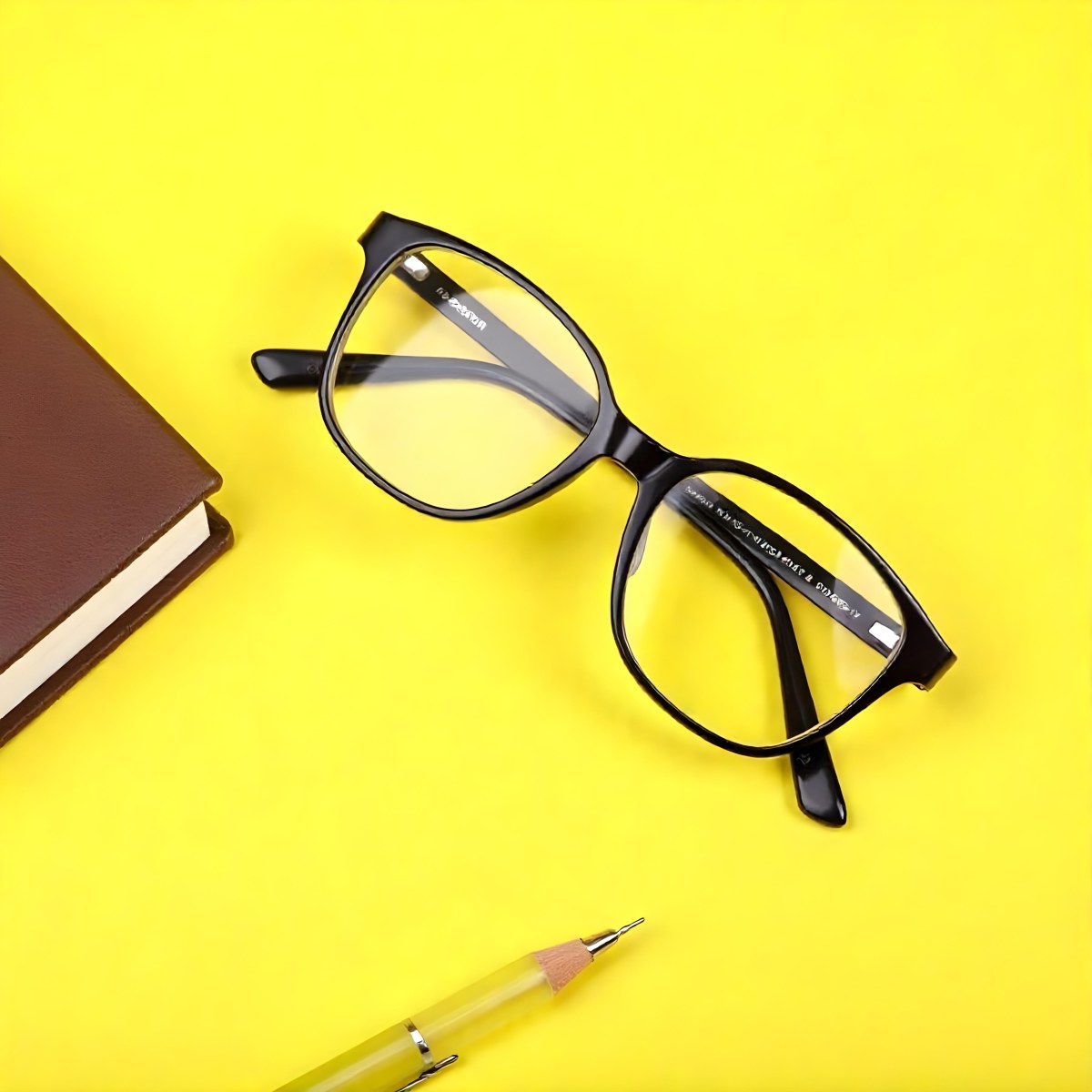 A Pair Of Black Framed Eyeglasses On A Bright Yellow Background With A Pen Next To Them 12