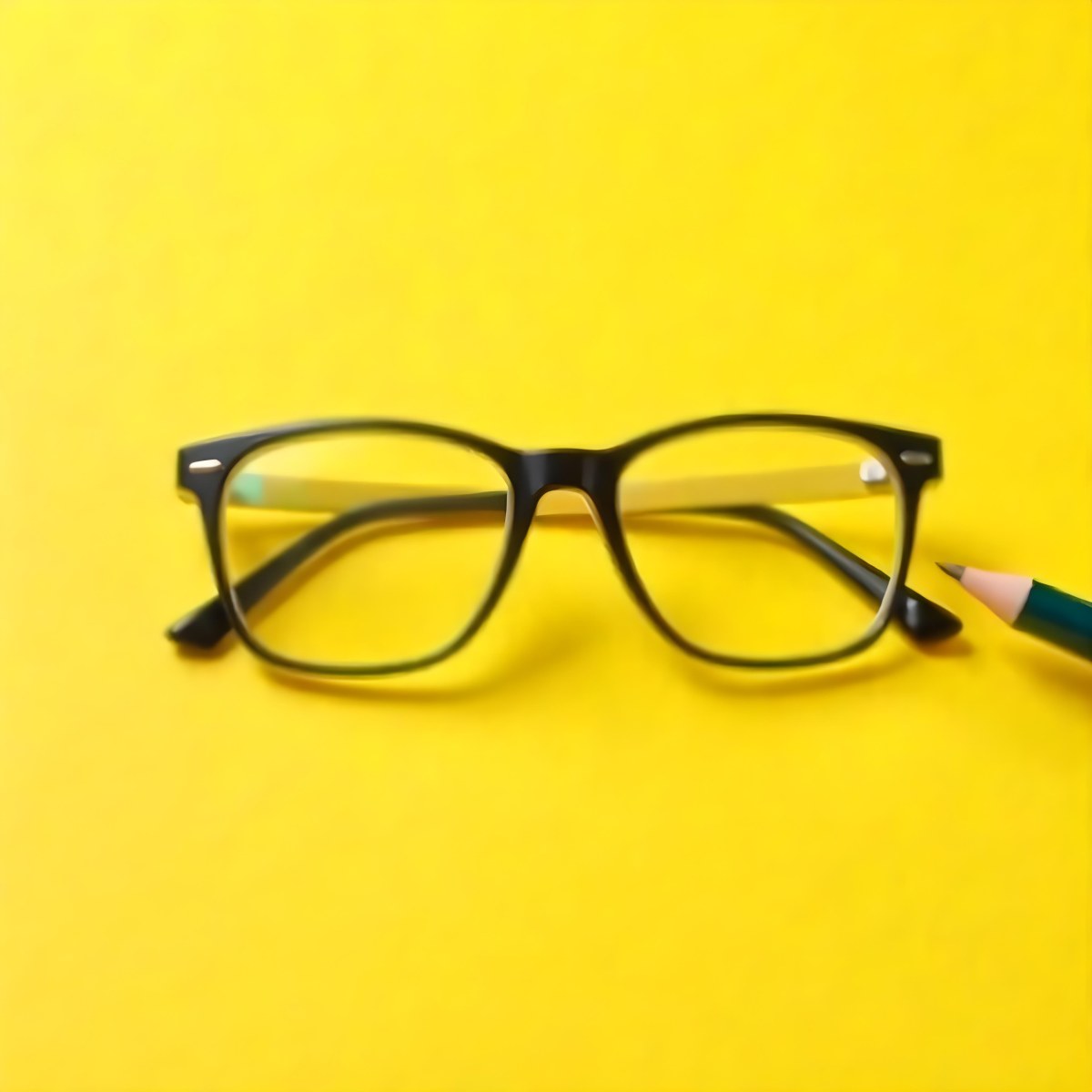 A Pair Of Black Framed Eyeglasses On A Bright Yellow Background With A Pen Next To Them 3 0a21