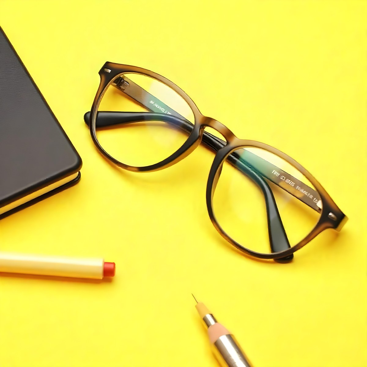 A Pair Of Black Framed Eyeglasses On A Bright Yellow Background With A Pen Next To Them 8 533a