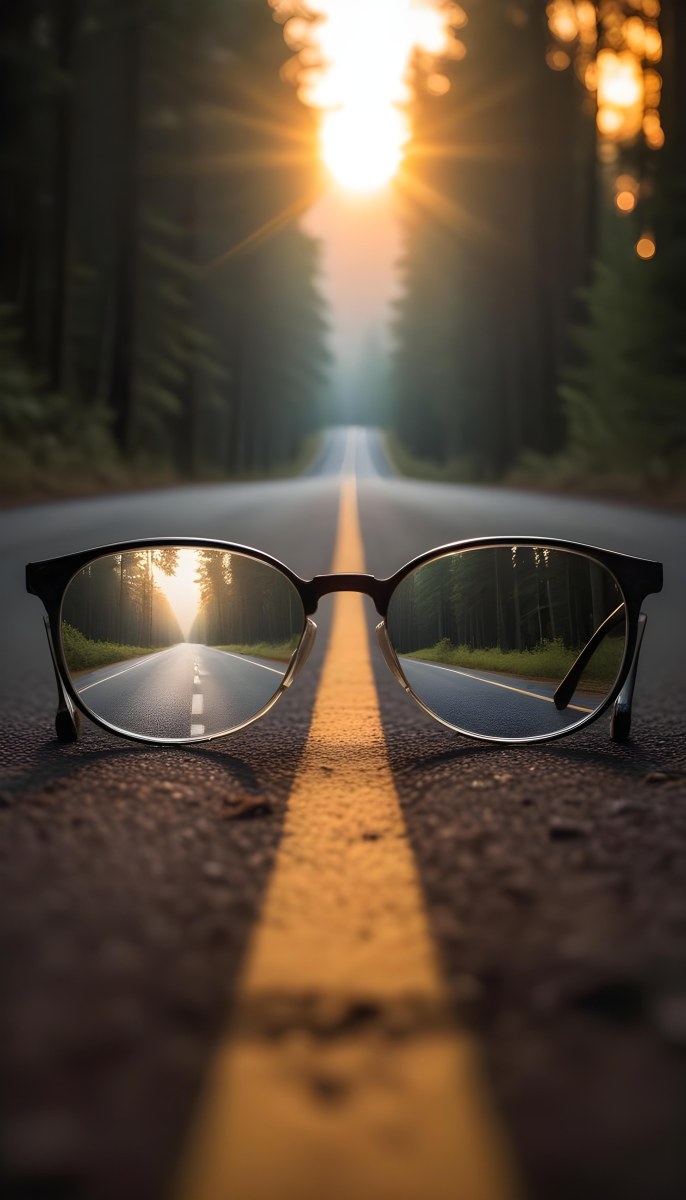 A Pair Of Glasses On A Road With A Yellow Line The Glasses Reflect The Road And The Forest In The Background The Sun Is Setting 12 2293