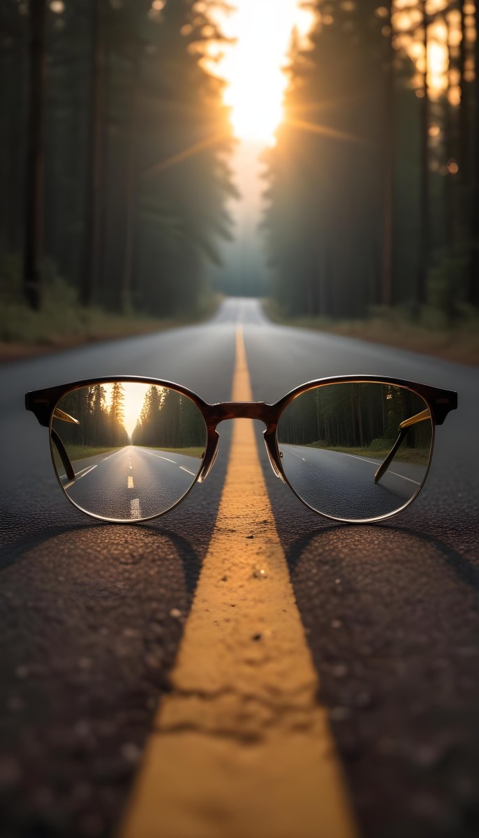 A Pair Of Glasses On A Road With A Yellow Line The Glasses Reflect The Road And The Forest In The Background The Sun Is Setting 15 682b