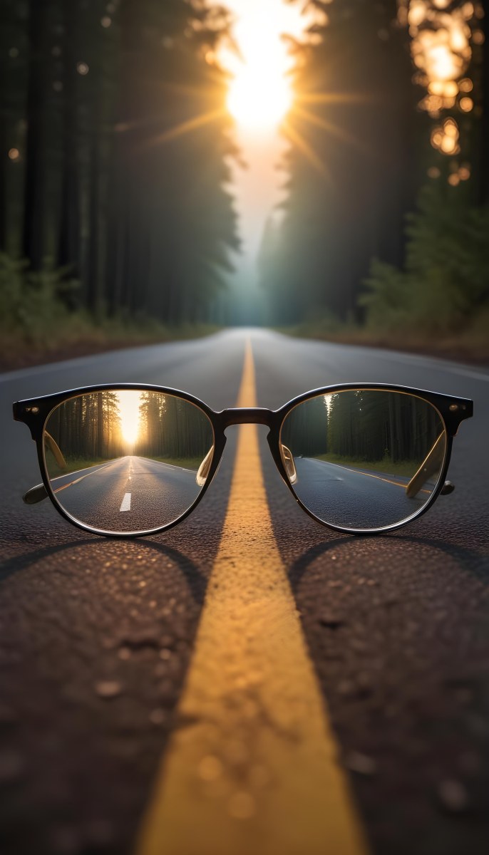 A Pair Of Glasses On A Road With A Yellow Line The Glasses Reflect The Road And The Forest In The Background The Sun Is Setting 19 2409