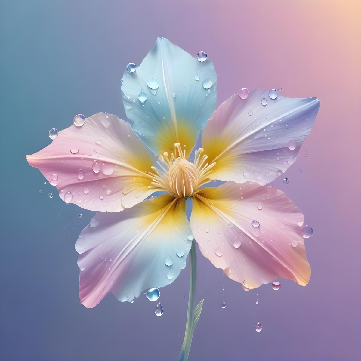 A Pastel Flower With Five Petals And Water Drops Gradient Colors Light Pink Light Blue Light Purple Yellow Pistils On A Gradient Background 14 83b9