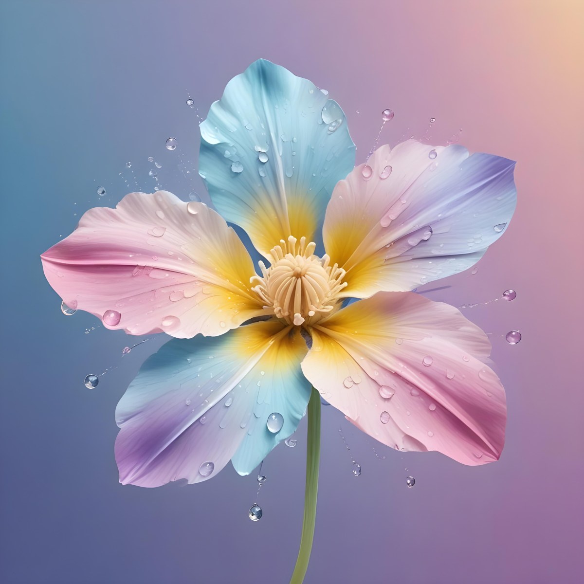 A Pastel Flower With Five Petals And Water Drops Gradient Colors Light Pink Light Blue Light Purple Yellow Pistils On A Gradient Background 15 Dd95