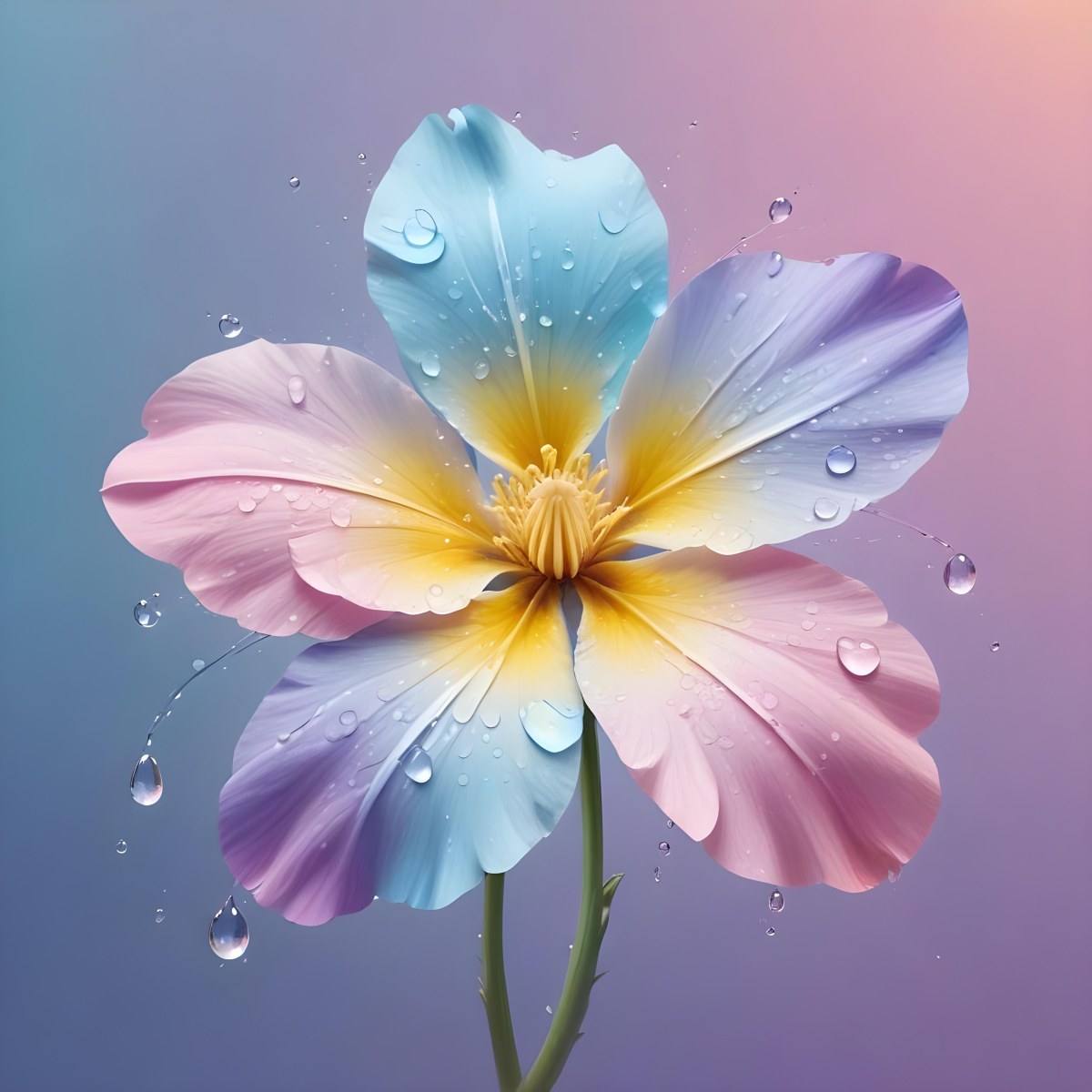 A Pastel Flower With Five Petals And Water Drops Gradient Colors Light Pink Light Blue Light Purple Yellow Pistils On A Gradient Background 2 584e