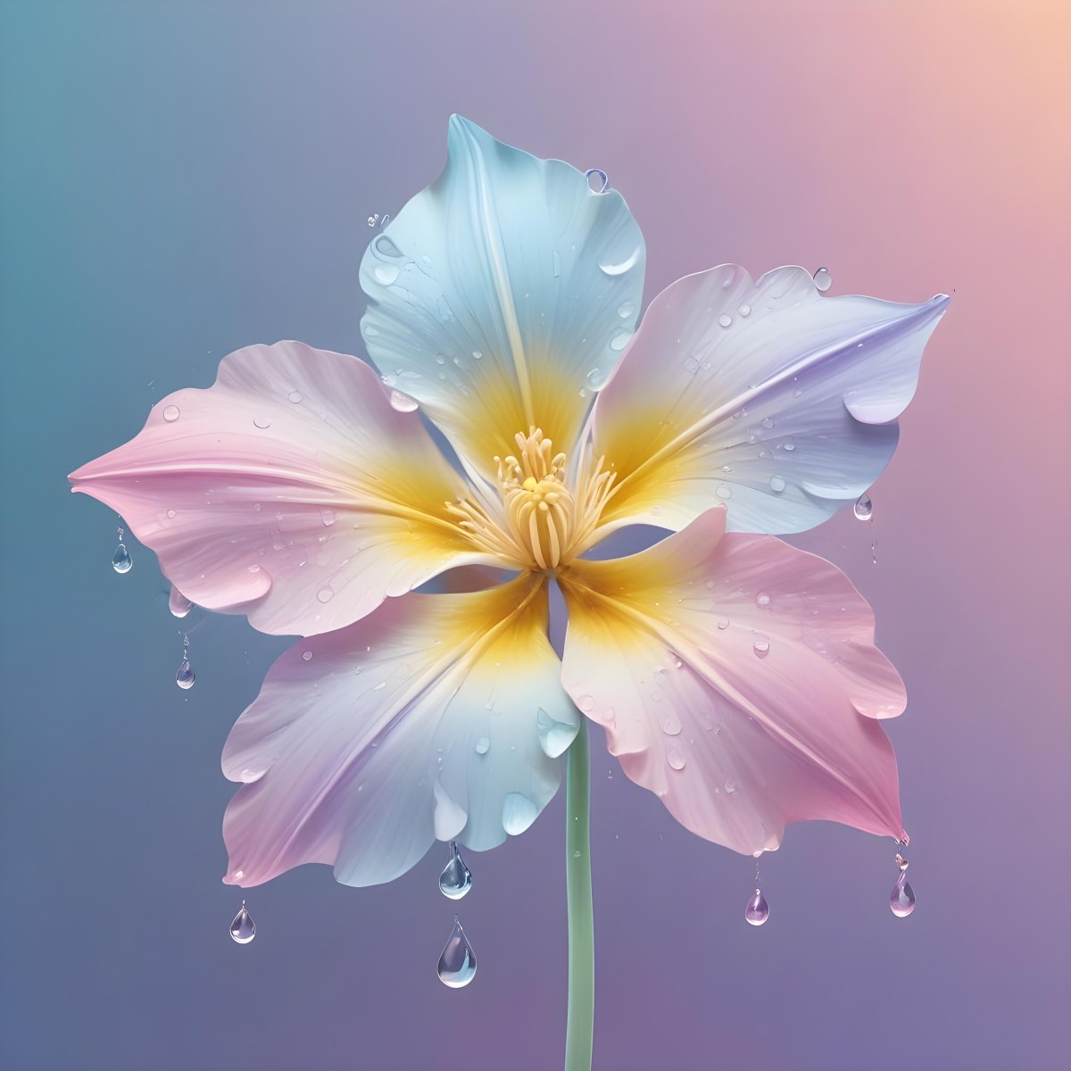 A Pastel Flower With Five Petals And Water Drops Gradient Colors Light Pink Light Blue Light Purple Yellow Pistils On A Gradient Background 5 4902