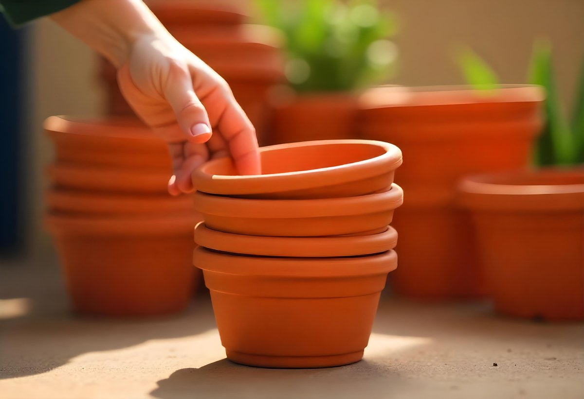 A Person S Hand Placing A Small Terracotta Plant Pot On A Stack Of Similar Pots With A Blurred Natural Background 5 413d