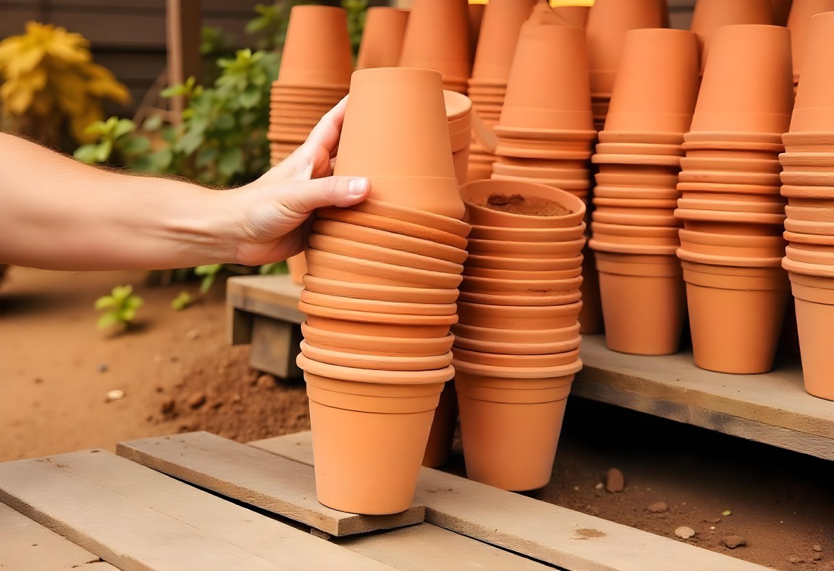 A Person S Hand Placing A Small Terracotta Plant Pot On A Stack Of Similar Pots With A Blurred Natural Background 9 4e8f