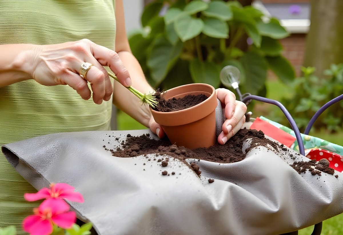 A Person S Hands Planting A Small Green Plant In A Clay Pot Surrounded By Soil And Pink Flowers In The Background 1 39de