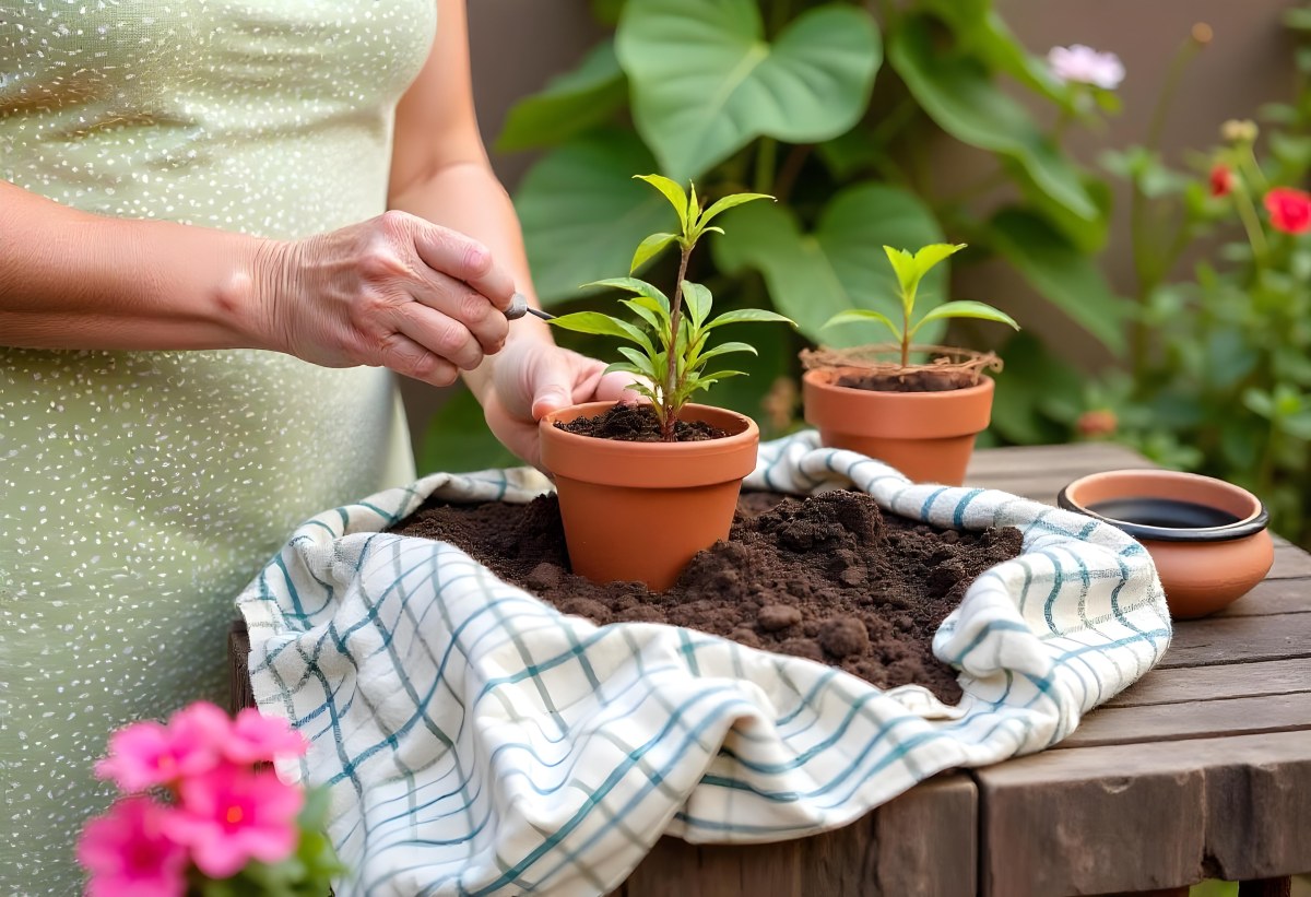 A Person S Hands Planting A Small Green Plant In A Clay Pot Surrounded By Soil And Pink Flowers In The Background 10 Df6f