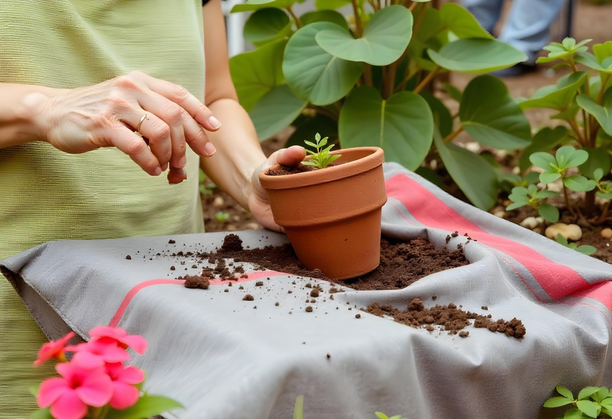 A Person S Hands Planting A Small Green Plant In A Clay Pot Surrounded By Soil And Pink Flowers In The Background 12 F272