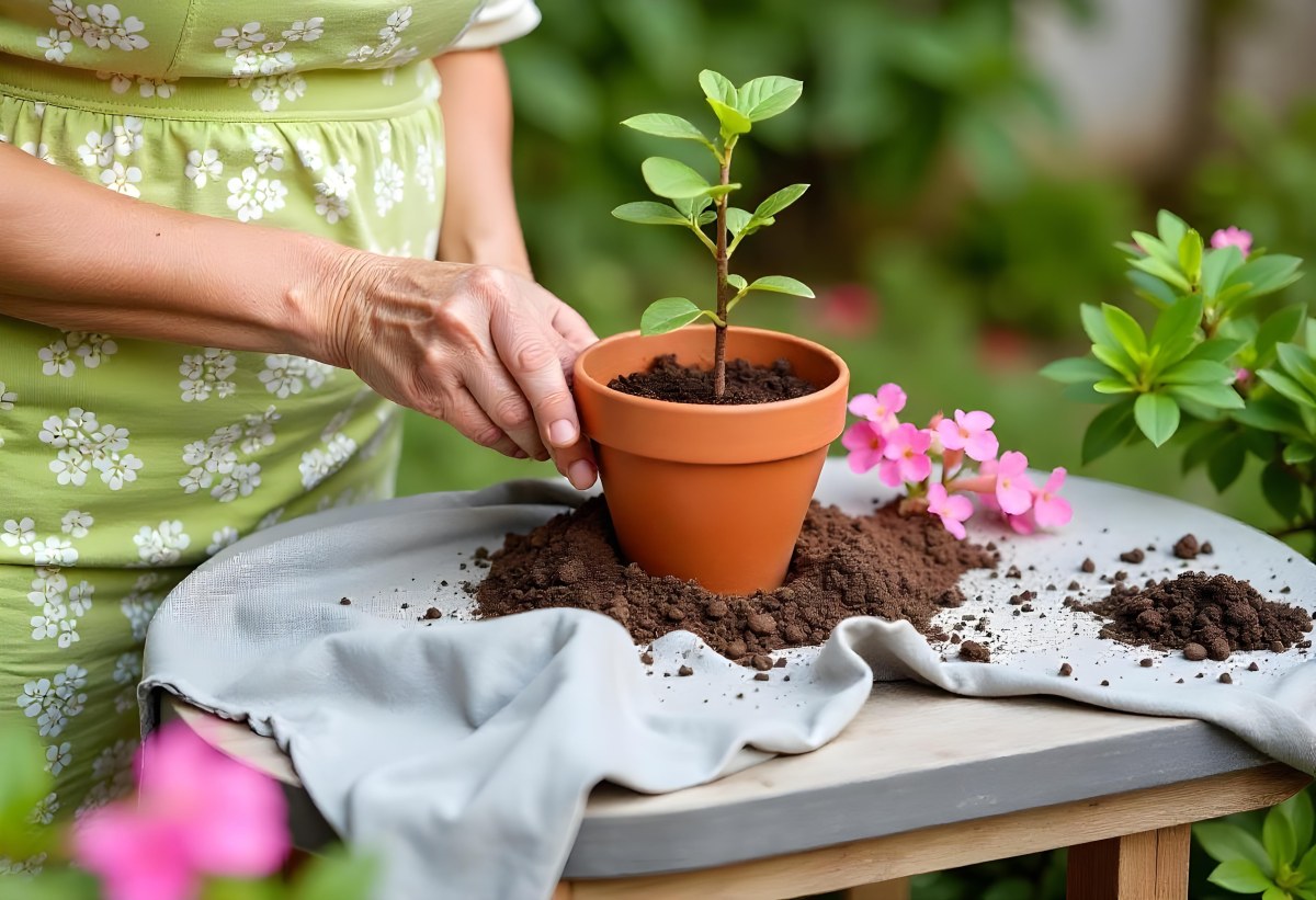 A Person S Hands Planting A Small Green Plant In A Clay Pot Surrounded By Soil And Pink Flowers In The Background 16 C12e