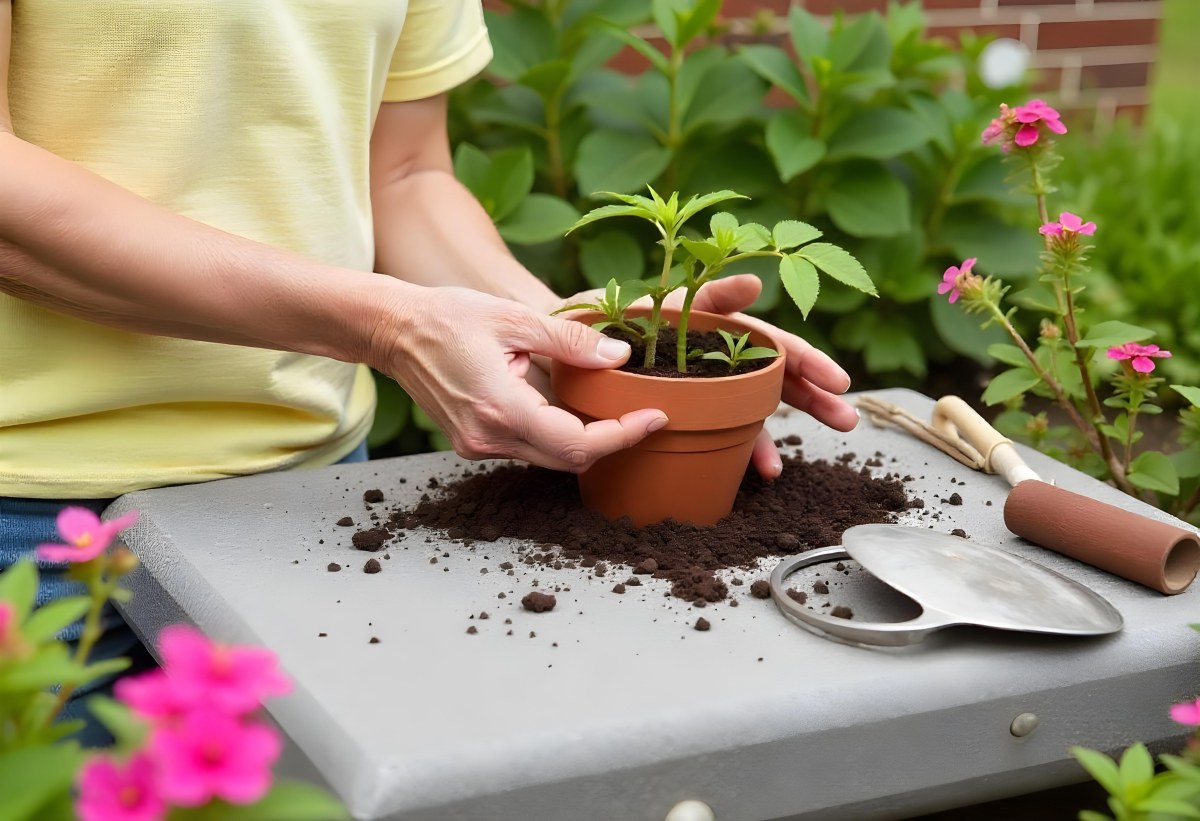 A Person S Hands Planting A Small Green Plant In A Clay Pot Surrounded By Soil And Pink Flowers In The Background 17 Fda7