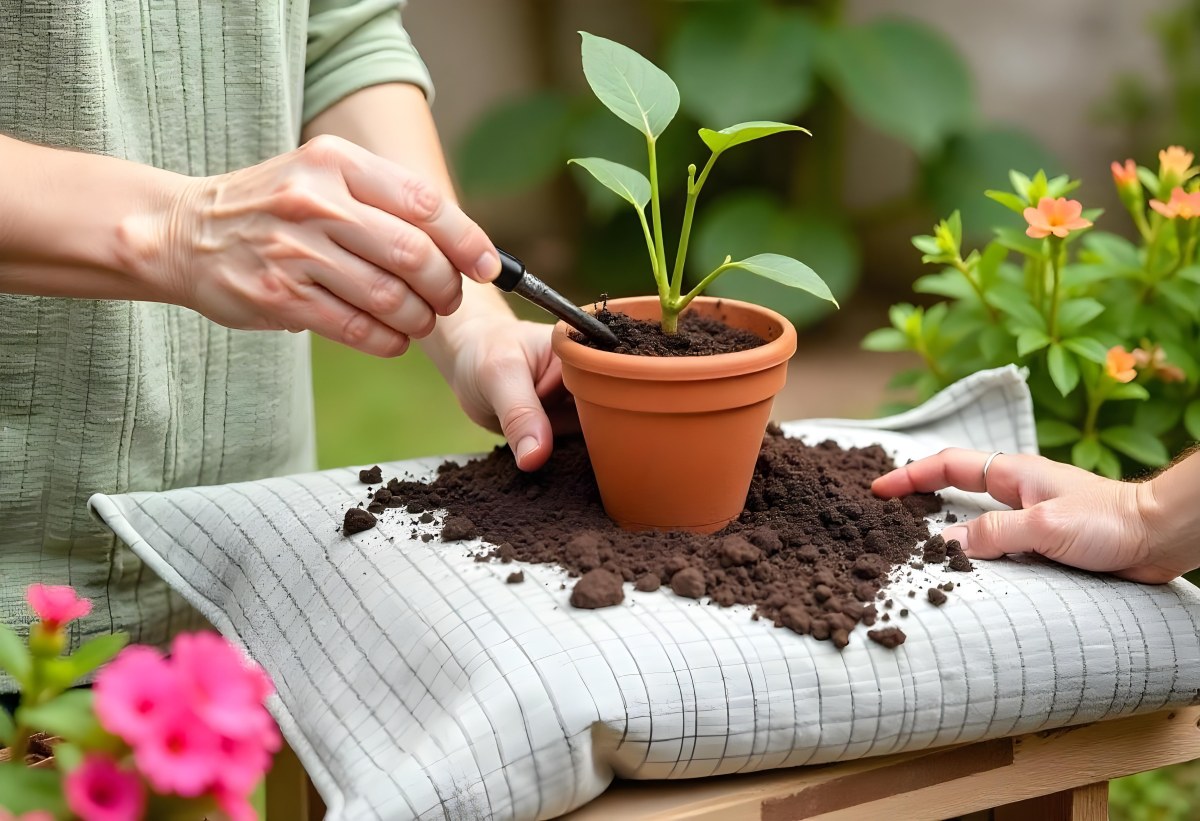 A Person S Hands Planting A Small Green Plant In A Clay Pot Surrounded By Soil And Pink Flowers In The Background 18 8b5d