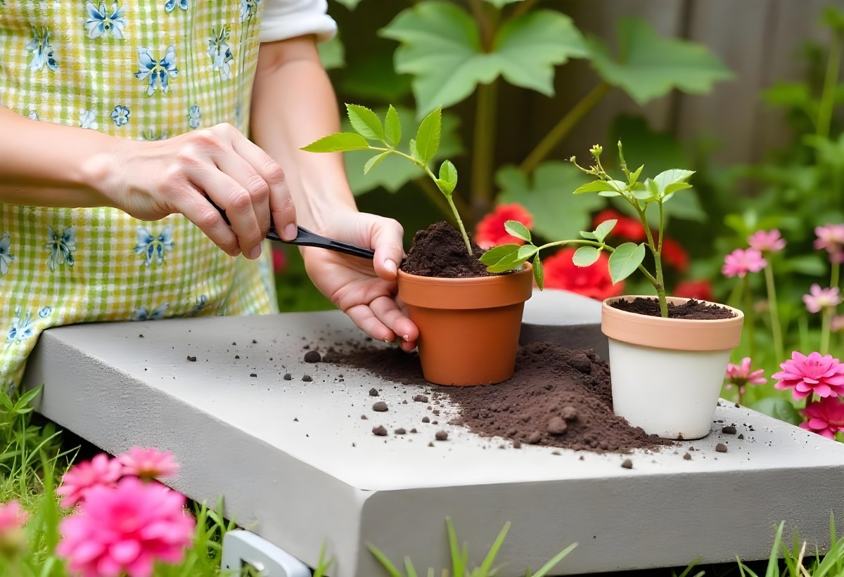 A Person S Hands Planting A Small Green Plant In A Clay Pot Surrounded By Soil And Pink Flowers In The Background 3 5235