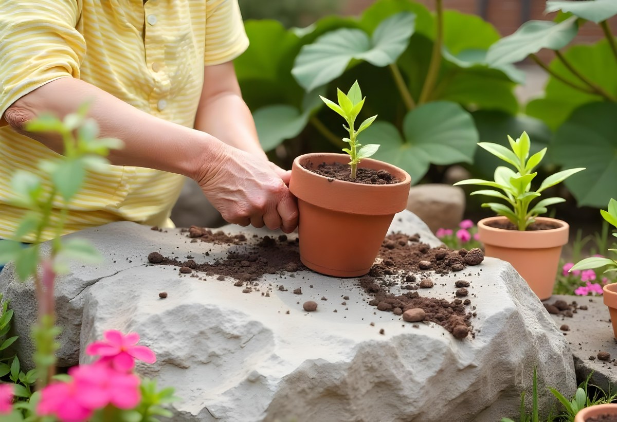A Person S Hands Planting A Small Green Plant In A Clay Pot Surrounded By Soil And Pink Flowers In The Background 4 9331