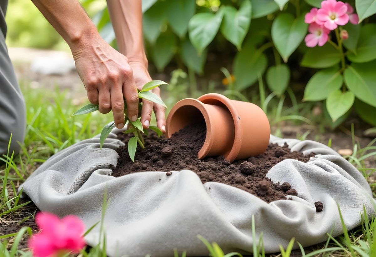 A Person S Hands Planting A Small Green Plant In A Clay Pot Surrounded By Soil And Pink Flowers In The Background 5 6cec