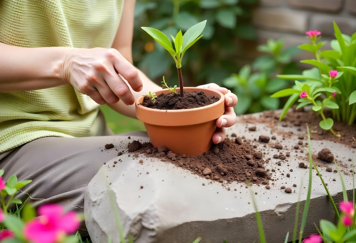 A Person S Hands Planting A Small Green Plant In A Clay Pot Surrounded By Soil And Pink Flowers In The Background 6 5285