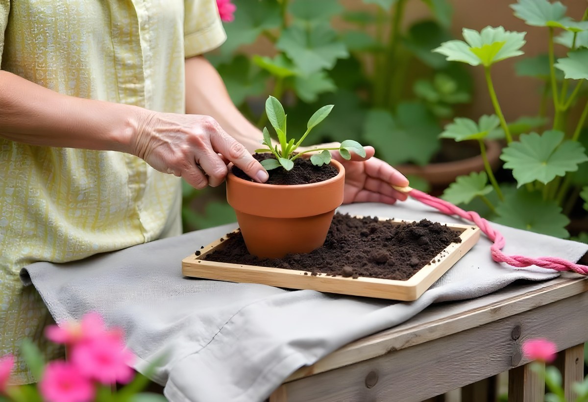 A Person S Hands Planting A Small Green Plant In A Clay Pot Surrounded By Soil And Pink Flowers In The Background 7 3acf