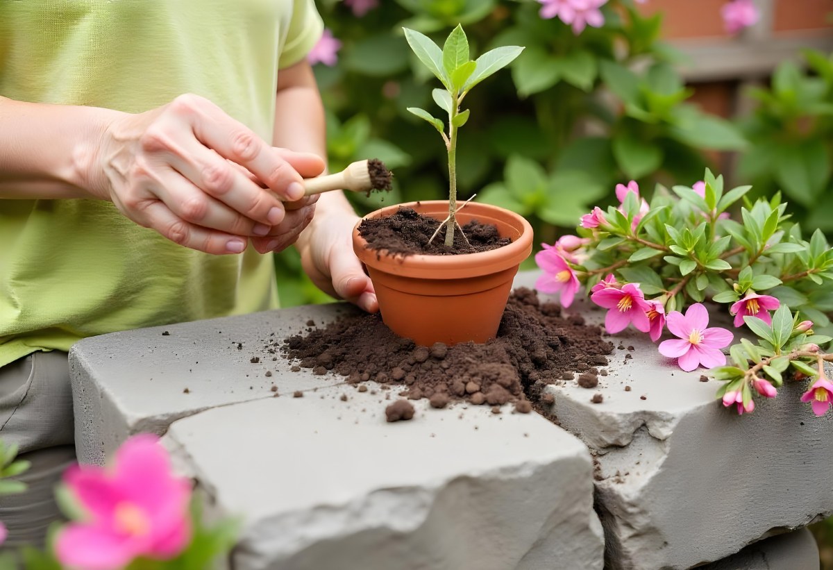 A Person S Hands Planting A Small Green Plant In A Clay Pot Surrounded By Soil And Pink Flowers In The Background 9 6f07