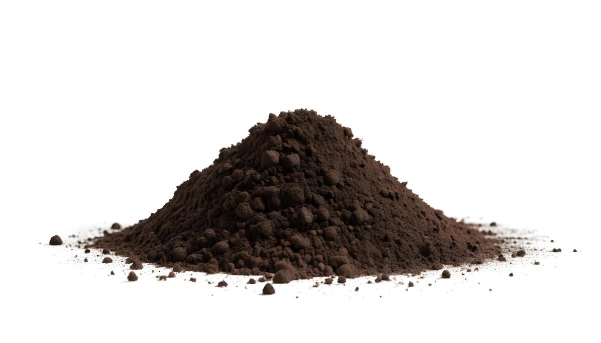 A Pile Of Dark Brown Soil Rich In Texture With Small Clumps And Particles Against A Plain White Background 27 70b9