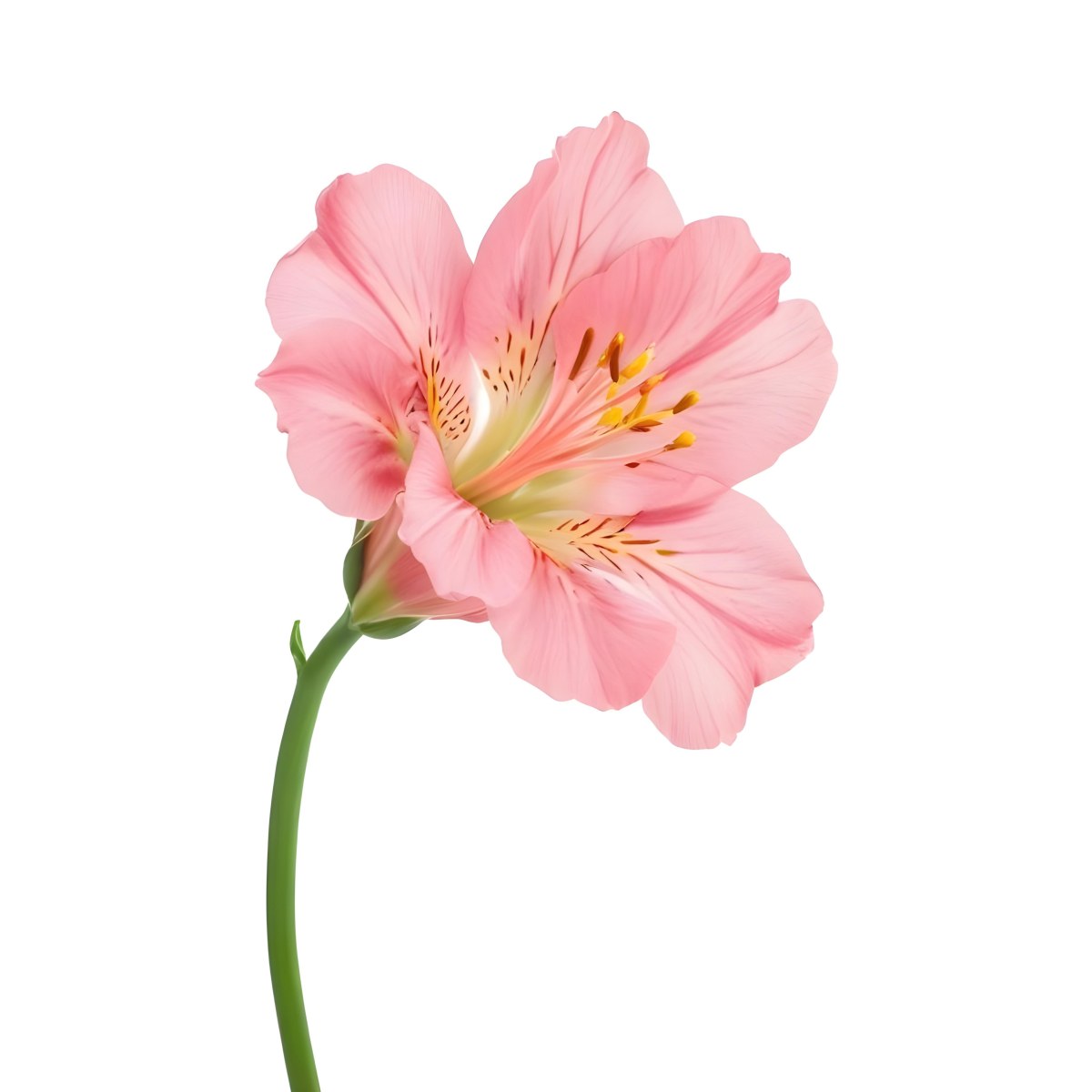 A Pink Alstroemeria Flower With Yellow Details On A Green Stem Isolated On A White Background Studio Shot Soft Lighting High Resolution 17 0364