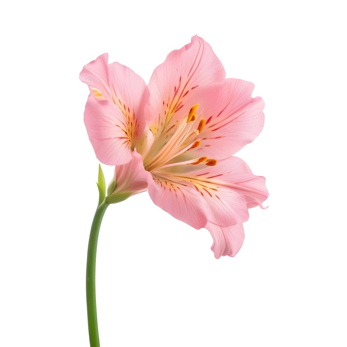 A Pink Alstroemeria Flower With Yellow Details On A Green Stem Isolated On A White Background Studio Shot Soft Lighting High Resolution 4 09b2