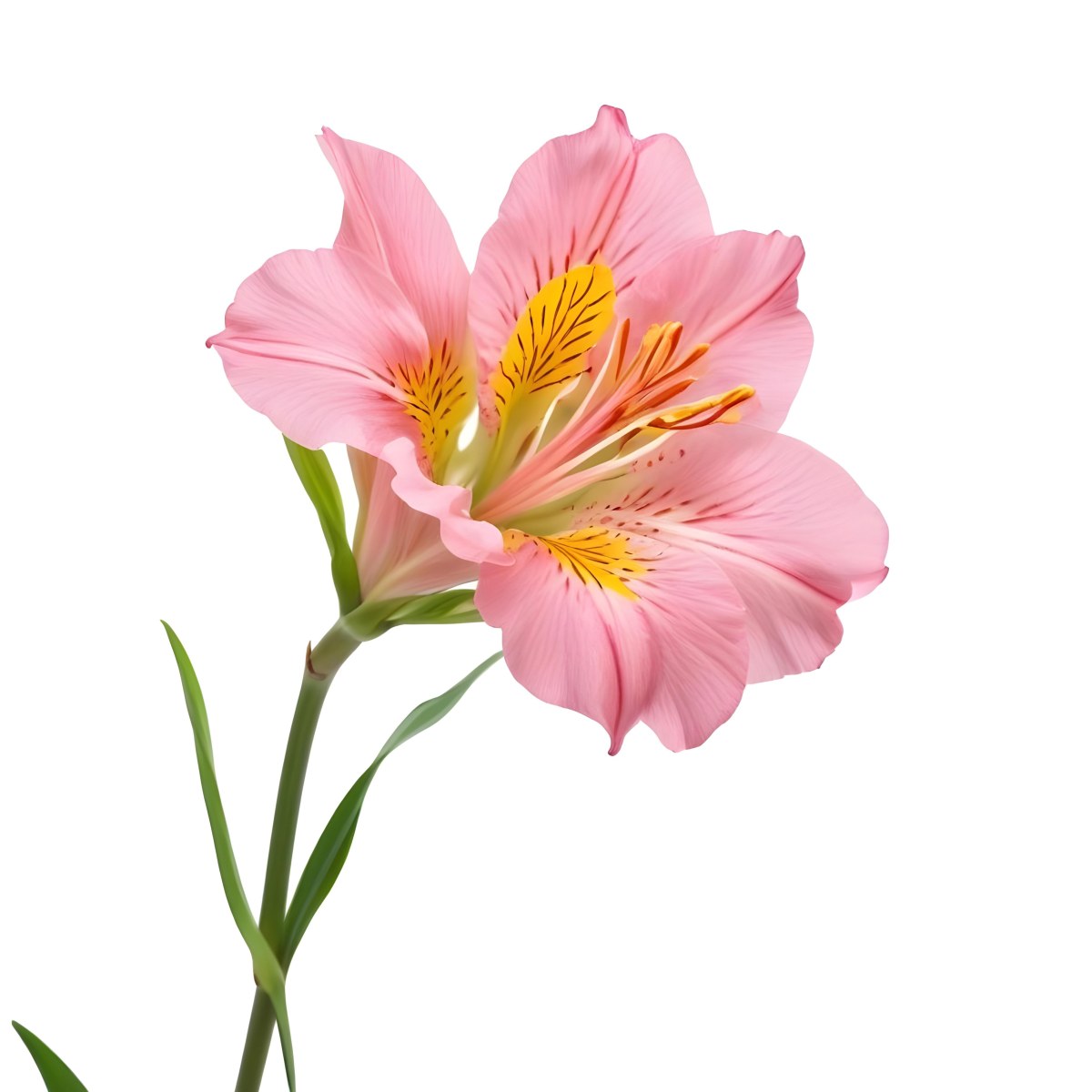 A Pink Alstroemeria Flower With Yellow Details On A Green Stem Isolated On A White Background Studio Shot Soft Lighting High Resolution 6 5e51