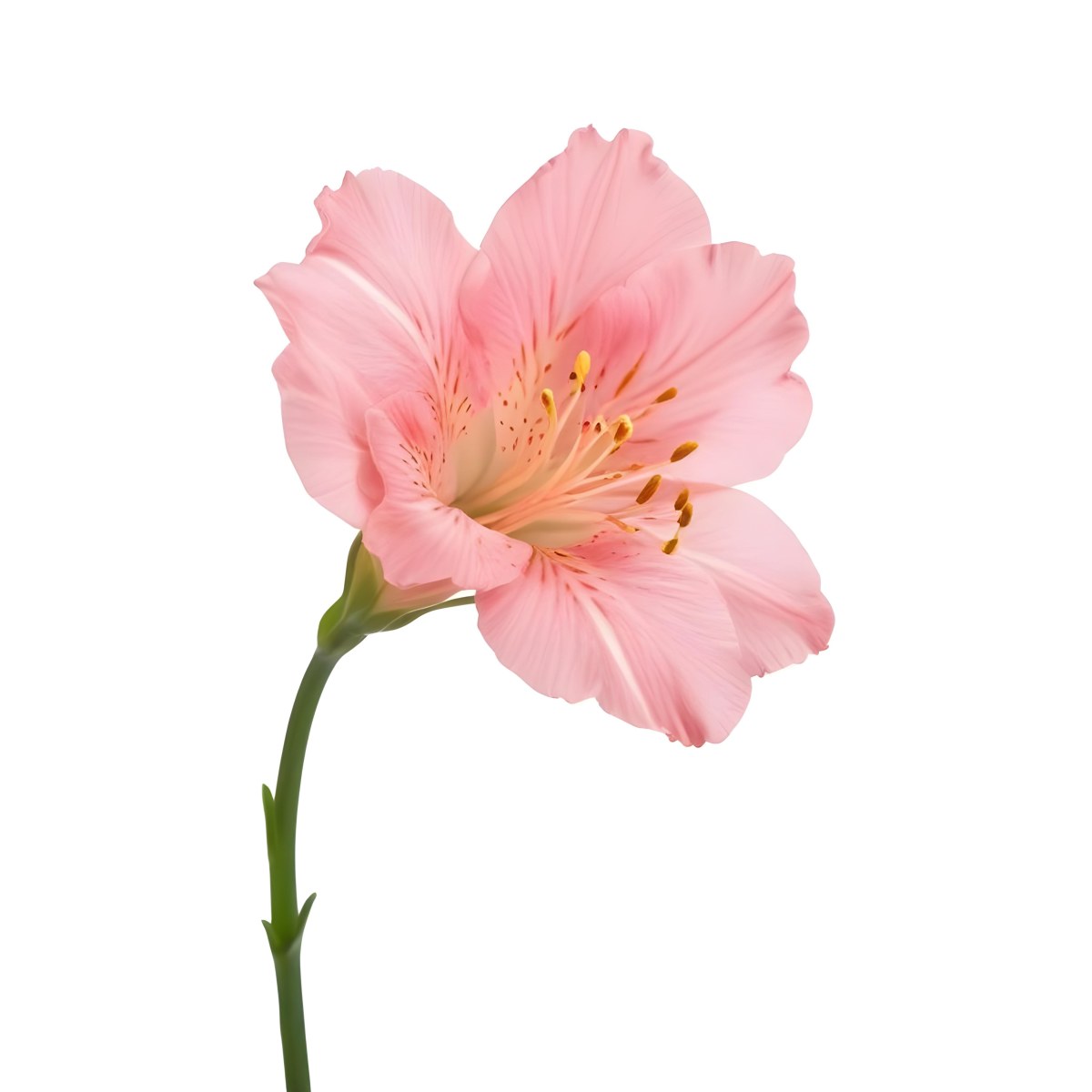 A Pink Alstroemeria Flower With Yellow Details On A Green Stem Isolated On A White Background Studio Shot Soft Lighting High Resolution 7 35ca