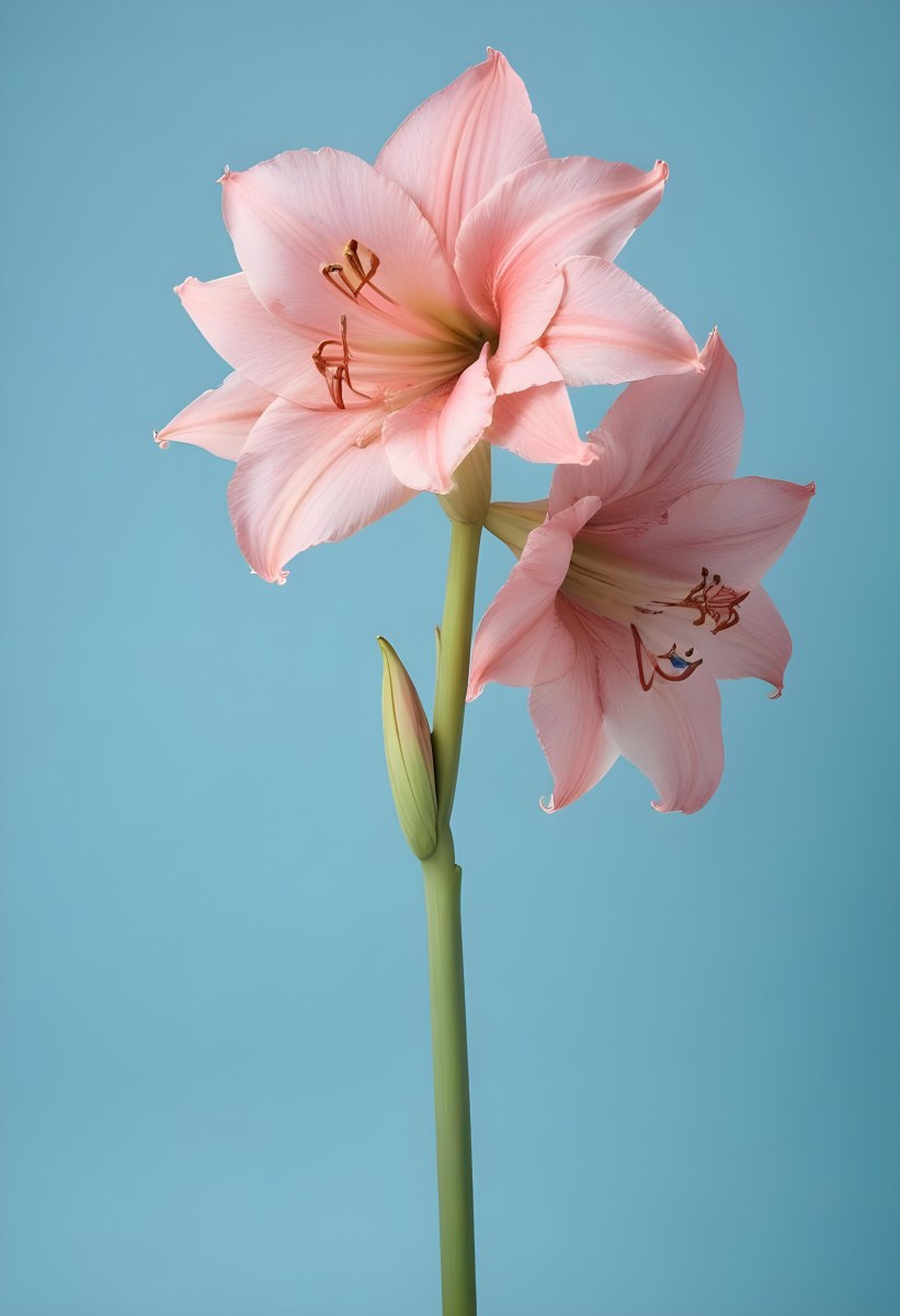 A Pink Amaryllis Flower With A Blue Stem Light Pink Petals And Blue Stamens Against A Solid Light Blue Background 14 88b8