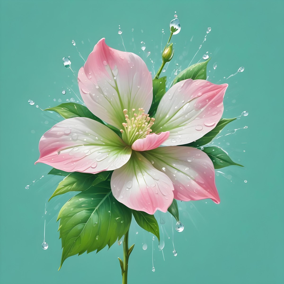 A Pink And White Flower With Green Leaves And Stem Water Drops In The Background Pink Background 7 326d
