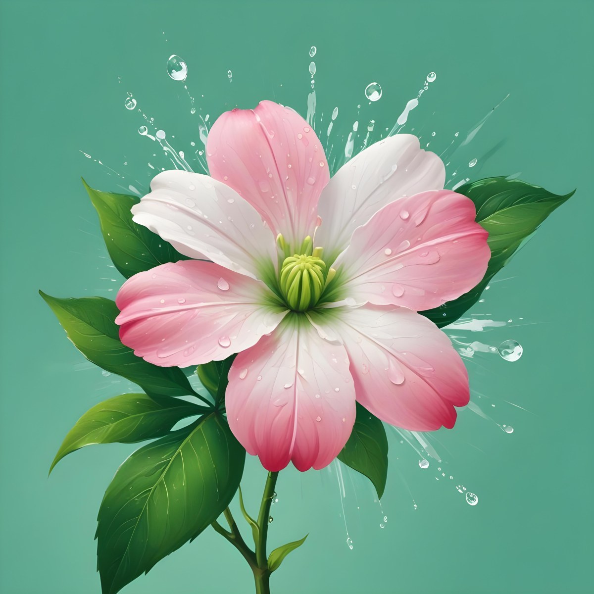 A Pink And White Flower With Green Leaves And Stem Water Drops In The Background Pink Background 8 8de6