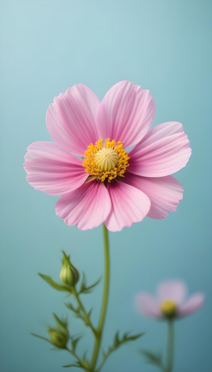 A Pink Cosmos Flower With A Green Center On A Blue Stem Set Against A Soft Light Blue Background 1 Da0b