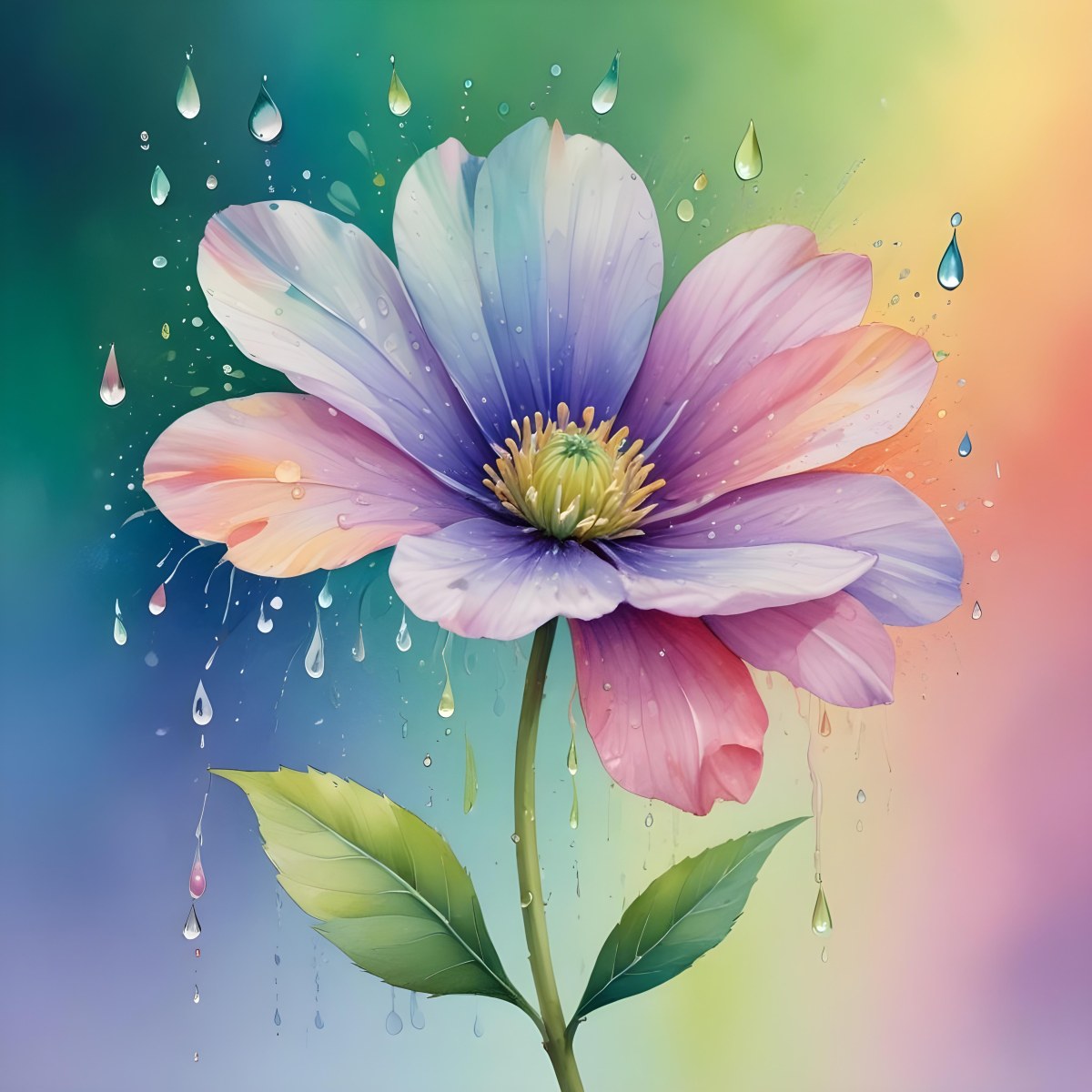 A Pink Flower With Green Leaves And A Branch On A Pastel Background With Water Drops And Spiral Shapes 68 A15e 0a91