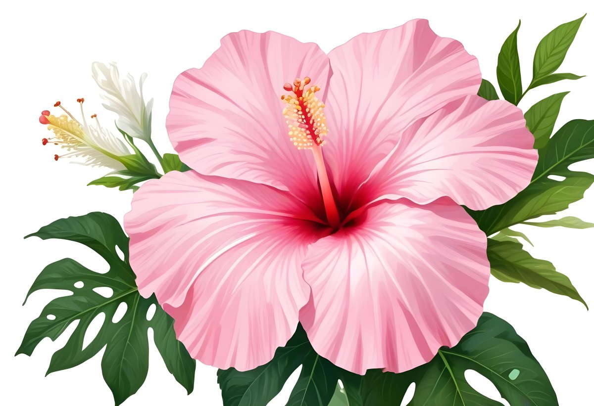 A Pink Hibiscus Flower With A Long White Pistil And White Stamen Isolated On A White Background Tropical Flower Botanical Illustration 5 Ab10